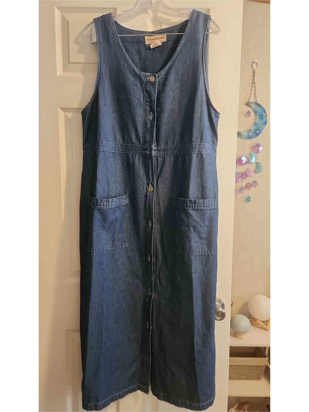 Vintage Button-Front Denim Maxi Dress in Dark Blue